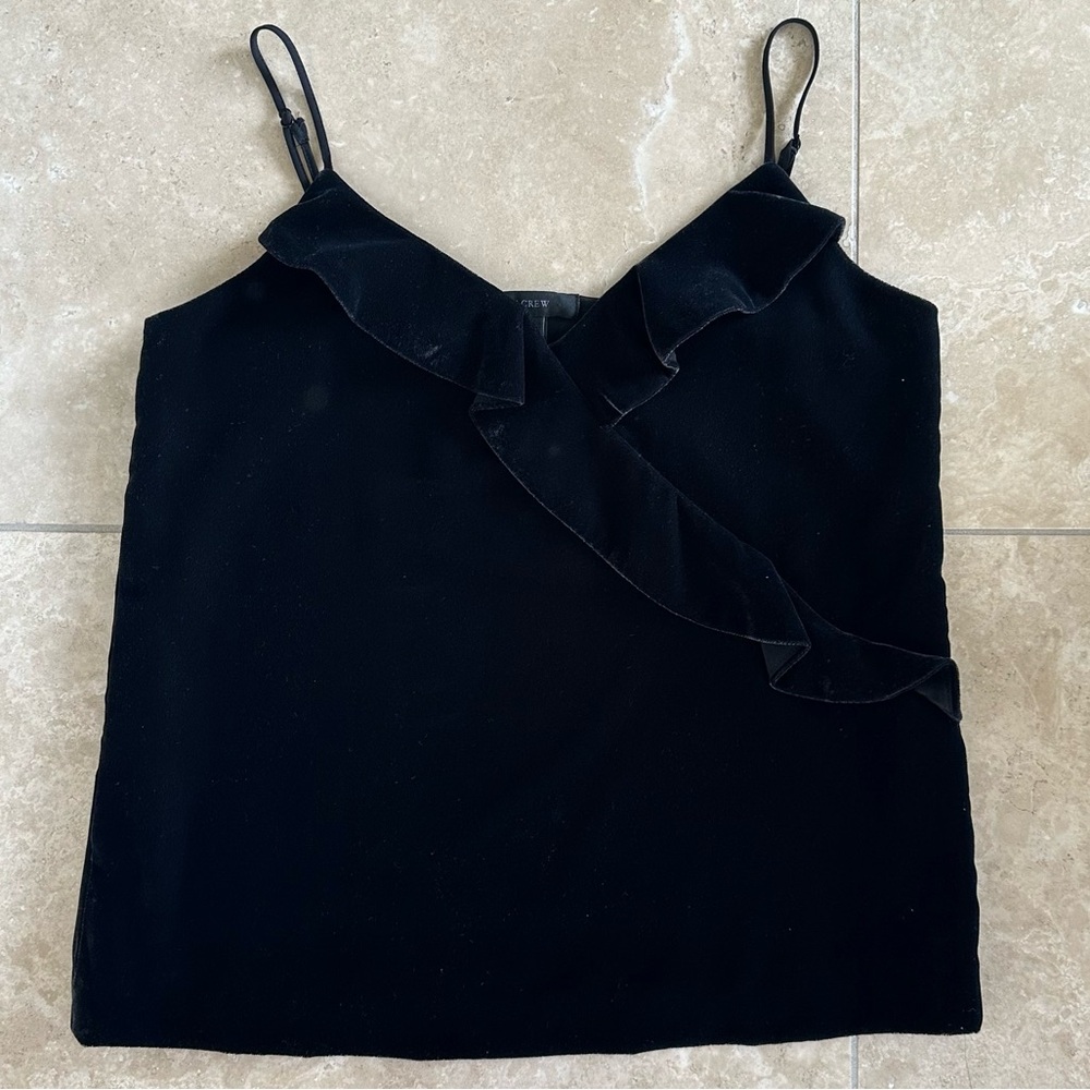 NWOT J.Crew Women’s Black Velvet Ruffle Trim Top With Spaghetti Straps, Size 00